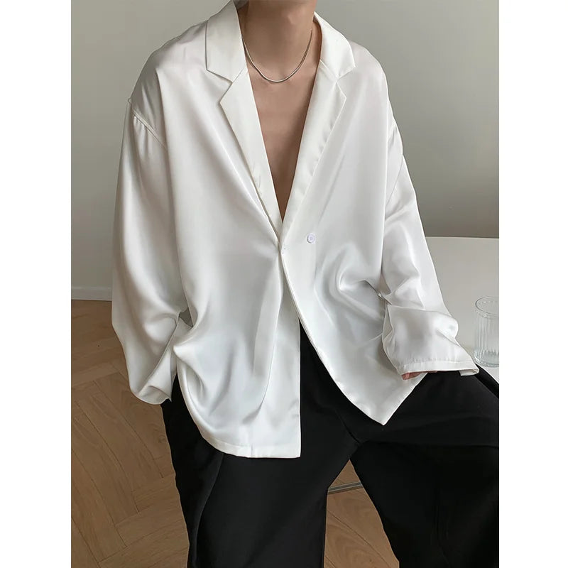 Summer Black White Silk Blazer Men's Fashion Business Society Mens Suit Jacket Korean Loose Casual Dress Jacket Men M-XL voguable