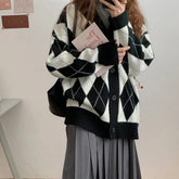 Voguable Cardigan Women Knitted Sweater Argyle Loose Sweater Single Breasted Student Lovely Knitwear Korean Oversize Cardigan Winter Tops voguable