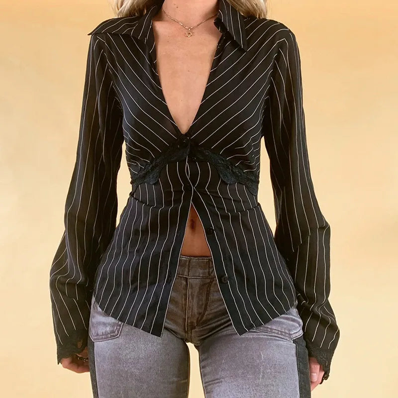Striped Shirts Women Lace Trim Deep V Neck Single Breasted Flared Sleeve Cardigan Blouses Tops y2k Clothing Streetwear voguable