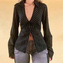 Striped Shirts Women Lace Trim Deep V Neck Single Breasted Flared Sleeve Cardigan Blouses Tops y2k Clothing Streetwear voguable