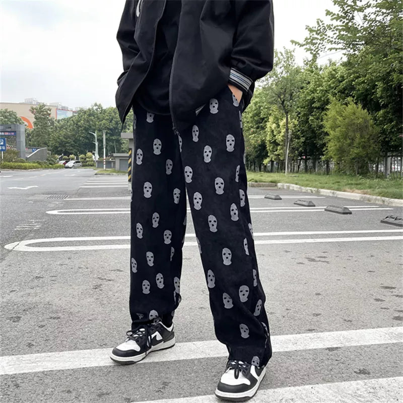 Gothic Skull Full Print Casual Drawstring Baggy Men Tracksuit Pants Corduroy Straight Sweatpants Male Hip Hop Long Trousers voguable