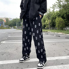 Gothic Skull Full Print Casual Drawstring Baggy Men Tracksuit Pants Corduroy Straight Sweatpants Male Hip Hop Long Trousers voguable