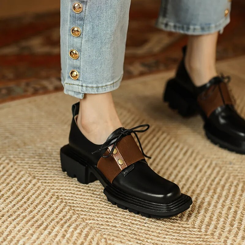 Lace-up Black Women Shoes New Genuine Leather Shoes Woman Heels Working Thick Botton Square Toe Women Shoes Shoes for Women voguable