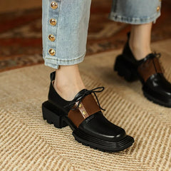 Lace-up Black Women Shoes New Genuine Leather Shoes Woman Heels Working Thick Botton Square Toe Women Shoes Shoes for Women voguable