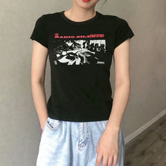 Women "Radio Silence" Print Front Short Sleeve T-shirt Crop Top voguable