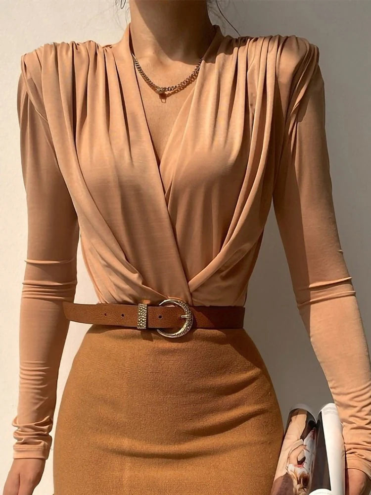 V Neck Brown Bodysuit Women Autumn Long Sleeve Top Bodies Sexy Female Overalls Casual Bodycon Bodysuits voguable