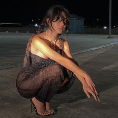 Voguable Mesh Off Shoulder Black Sleeveless Patchwork See Through Sexy Midi Dress Summer Bodycon Holiday Party Outfits Y2K voguable