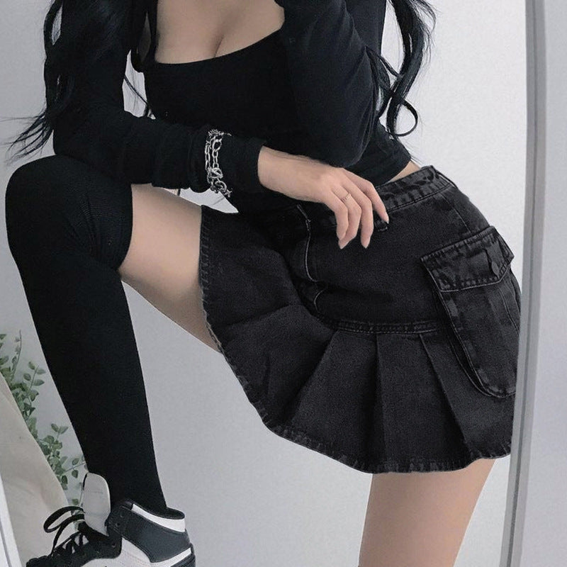 Voguable Harajuku Y2k Denim Skirt Women Dark Gothic Streetwear Mini Skirt with Skull Belt Mall Goth Punk Grunge Sexy Emo Clubwear voguable