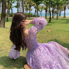 Voguable Design Floral Dress Women Summer Puffer Sleeve Beach One Piece Dress Korean Elegant Vintage Dress Female Chic Square Collar voguable