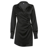 Office Ladies Shirt Dress Elegant Fashion Sexy Slim Deep V-Neck Turn-Down Collar Long Sleeve Mini Dresses For Women voguable