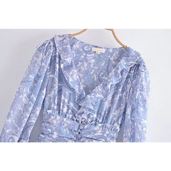 Voguable  Summer Ｗomen Ruffle V Neck Long Sleeve Floral Print Boho Short Dress Ladies Vintage Fairy Robe Holiday voguable