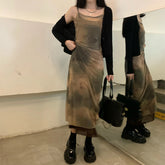 Voguable Tie-dye Gauze Suspender Dress Women 2024 Spring Korean Retro Strapless Mid-length Dress + Black Knitted Cardigan Two-piece Suit voguable