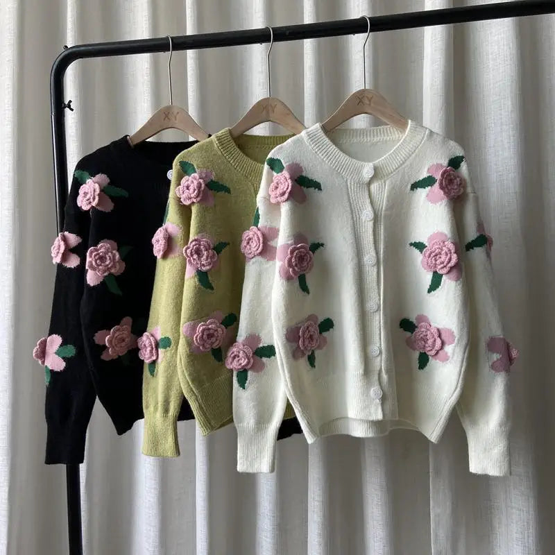 Woman Sweater 2021 Autumn and Winter New Retro Knit Sweater Female Rose Flower Embroidery Contrast Loose Sweater Coat Cardigan voguable