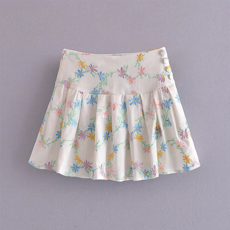 Voguable Floral Embroidery Pleated Mini Skirt New Women Side Zipper Button High Waist Jupe Summer Fashion Faldas voguable