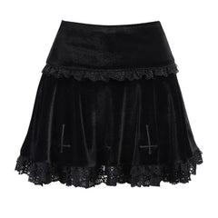 Punk Gothic Skirt 2000s Women Black Dark Academia Cross Print High Waist Pleated A-line Skirt y2k Vintage Lace Skirts voguable