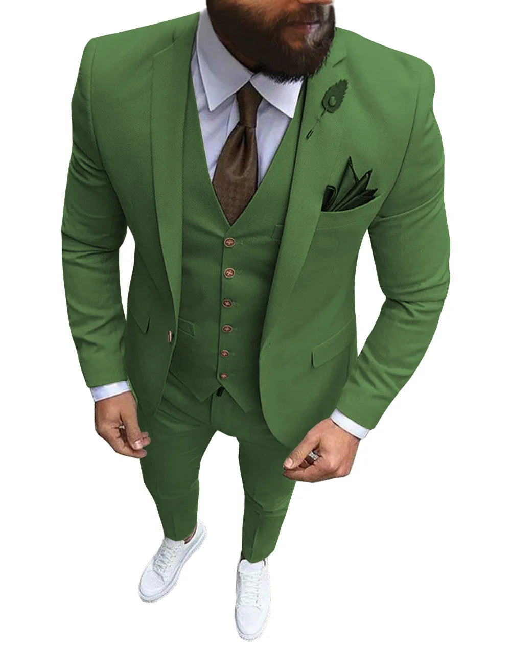 Voguable Men Suits 3 Pieces Slim Fit Casual Business Champagne Lapel Khaki Formal Tuxedos for Wedding Groomsmen (Blazer+Pants+Vest) voguable