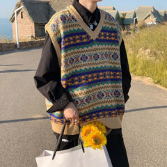 New Arrivals Japanese Retro Knitted Sweater Vest Men Ethnic Style Patchwork Loose Handsome Waistcoat V-neck Sweater Oversize voguable