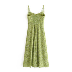 Voguable Women Green Floral Print Sling Dress Sundress Female V Neck Sleeveless Hem Slits A-line Chiffon Dress voguable