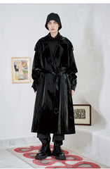 Mauroicardi Brand Long Oversized Luxury Reflective Shiny Patent Leather Trench Coat Men Fashion Belt Waterproof Rain Coat voguable