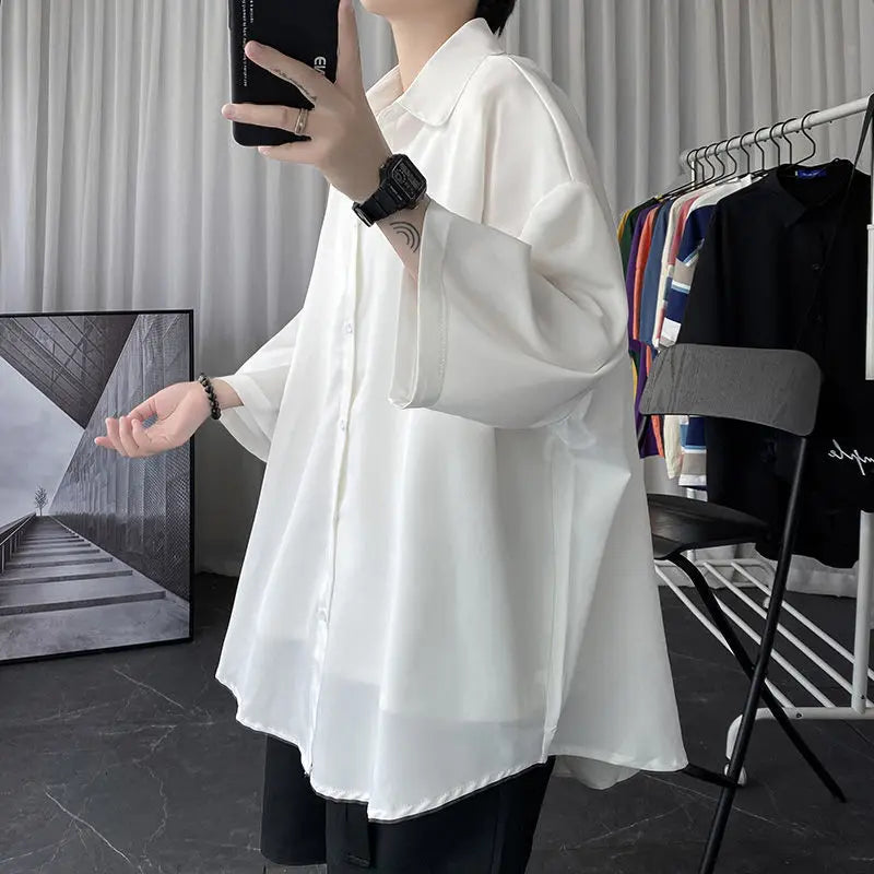 Korean Oversize Shirt Men's Fashion Summer Black White Short-sleeved Shirt Men Streetwear Loose Society Mens Dress Shirt M-2XL voguable