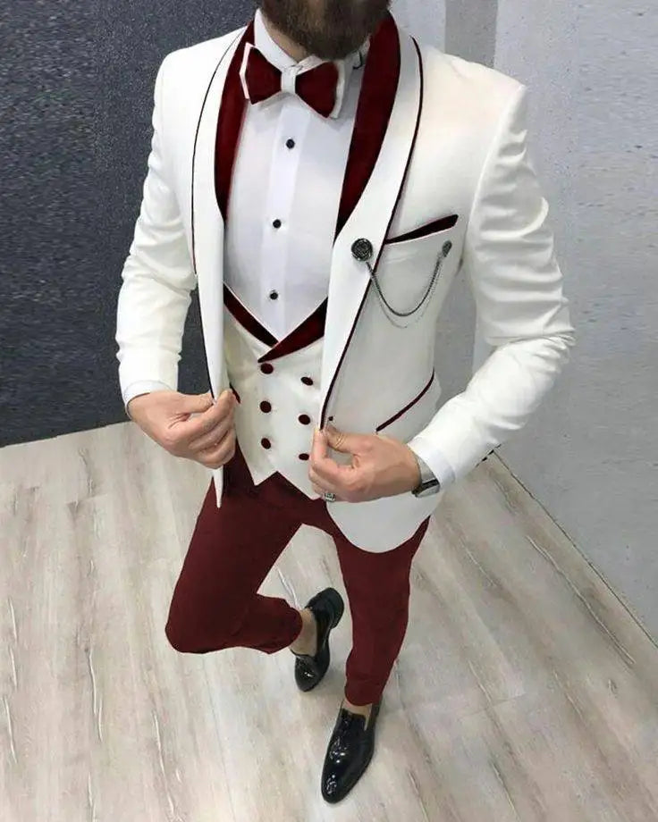 Tailor-Made Burgundy Wedding Men Suits Slim Fit Tuxedo 3 Pieces Suits Groom Prom Jacquard Blazer Terno Masculino Suits voguable