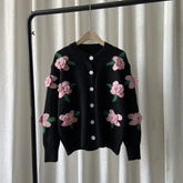 Woman Sweater 2021 Autumn and Winter New Retro Knit Sweater Female Rose Flower Embroidery Contrast Loose Sweater Coat Cardigan voguable