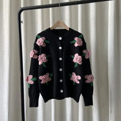 Woman Sweater 2021 Autumn and Winter New Retro Knit Sweater Female Rose Flower Embroidery Contrast Loose Sweater Coat Cardigan voguable