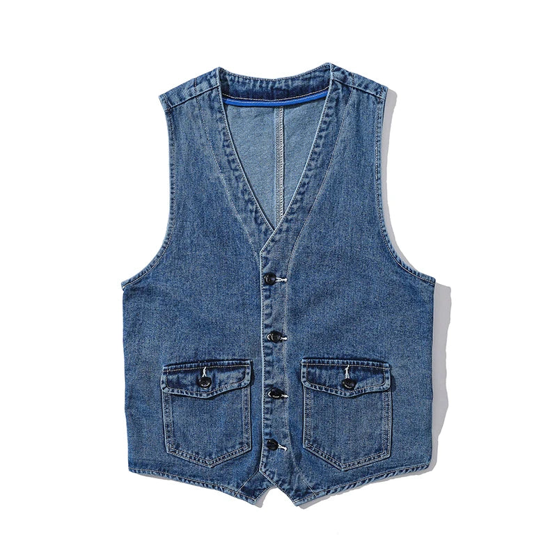 Denim Vest Men's Jacket Spring Autumn Jeans Jacket V-neck Design Korean Vest Loose Casual Fashion All-match Style Male Clothing voguable