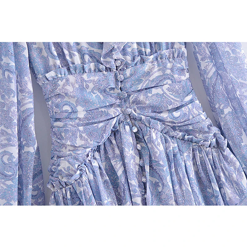 Voguable  Summer Ｗomen Ruffle V Neck Long Sleeve Floral Print Boho Short Dress Ladies Vintage Fairy Robe Holiday voguable