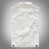 Voguable Men's slim fit white denim vest Black buttons holes ripped jean waistcoat Tank top voguable