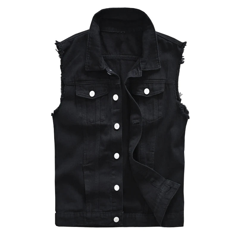 Voguable Men's Black Jean Vest Slim Fringe Denim Waistcoat Sleeveless Tank Top voguable
