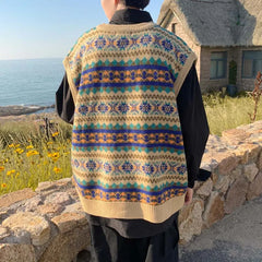 New Arrivals Japanese Retro Knitted Sweater Vest Men Ethnic Style Patchwork Loose Handsome Waistcoat V-neck Sweater Oversize voguable