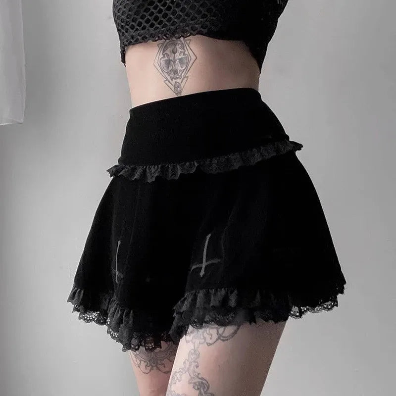 Punk Gothic Skirt 2000s Women Black Dark Academia Cross Print High Waist Pleated A-line Skirt y2k Vintage Lace Skirts voguable