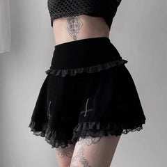 Punk Gothic Skirt 2000s Women Black Dark Academia Cross Print High Waist Pleated A-line Skirt y2k Vintage Lace Skirts voguable