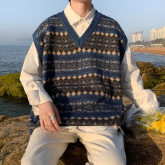 New Arrivals Japanese Retro Knitted Sweater Vest Men Ethnic Style Patchwork Loose Handsome Waistcoat V-neck Sweater Oversize voguable