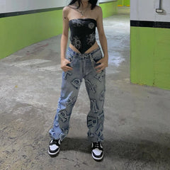 Voguable Patchwork Women's Jeans Y2K Streetwear Baggy Straight Cargo Pants Punk High Waist Wide Leg Denim Trousers 90s Vintage voguable
