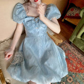 Voguable Blue Elegant Fairy Dress Women Summer 2021 Korean Puff Sleeve Party Princess Sweet Dress Female Kawaii High Waist Casual Dress voguable