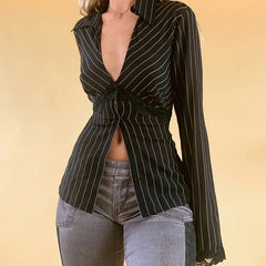 Striped Shirts Women Lace Trim Deep V Neck Single Breasted Flared Sleeve Cardigan Blouses Tops y2k Clothing Streetwear voguable