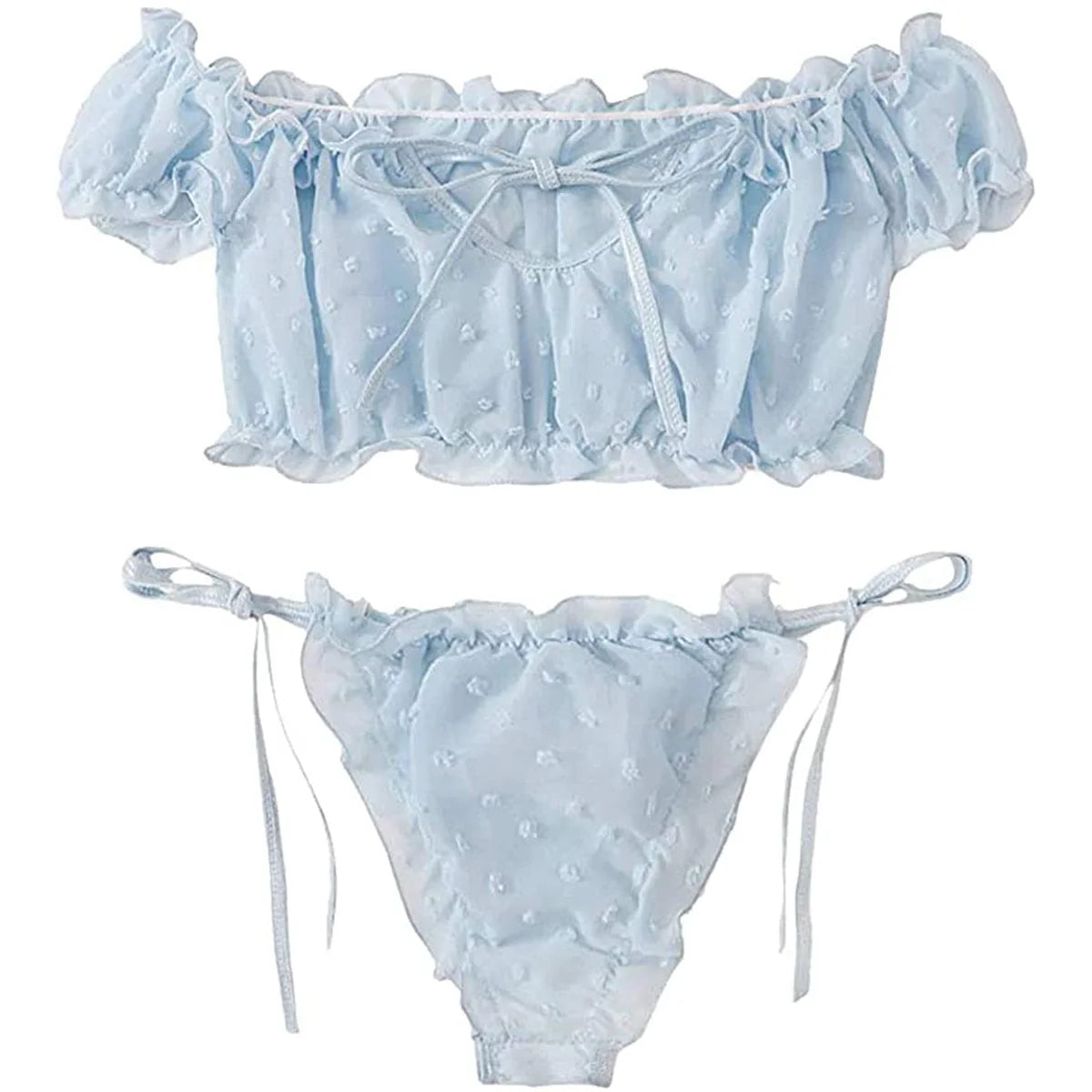 2PCS Off Shoulder Lace Up Bikini Set Women Sweet Casual Short Sleeve Swimsuits Beachwear Bathing Suits Sexy Lingerie