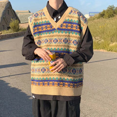 New Arrivals Japanese Retro Knitted Sweater Vest Men Ethnic Style Patchwork Loose Handsome Waistcoat V-neck Sweater Oversize voguable