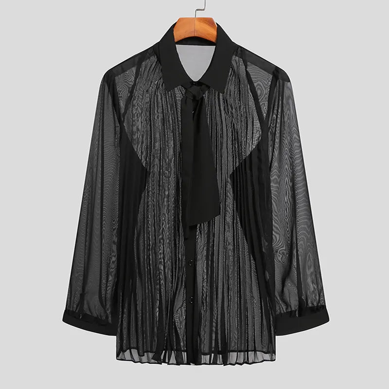 Men Sexy Shirt Mesh See Through Lapel Long Sleeve Camisas WIth Tie Streetwear Pleated Solid Party Men Clothing 5XL voguable