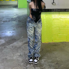 Voguable Patchwork Women's Jeans Y2K Streetwear Baggy Straight Cargo Pants Punk High Waist Wide Leg Denim Trousers 90s Vintage voguable