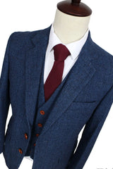 Wool Blue Herringbone Tweed Custom Made Men's Suits Tailor Suit Blazer Suits for Men 3 Piece (Jacket+Pants+Vest) Costume Homme voguable