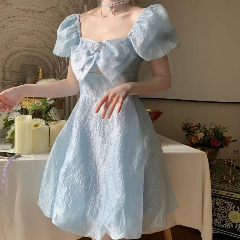 Voguable Blue Elegant Fairy Dress Women Summer 2021 Korean Puff Sleeve Party Princess Sweet Dress Female Kawaii High Waist Casual Dress voguable