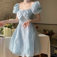 Voguable Blue Elegant Fairy Dress Women Summer 2021 Korean Puff Sleeve Party Princess Sweet Dress Female Kawaii High Waist Casual Dress voguable