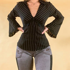 Striped Shirts Women Lace Trim Deep V Neck Single Breasted Flared Sleeve Cardigan Blouses Tops y2k Clothing Streetwear voguable