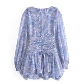 Voguable Summer Women Ruffle V Neck Long Sleeve Floral Print Boho Short Dress Ladies Vintage Fairy Robe Holiday voguable