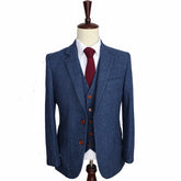 Wool Blue Herringbone Tweed Custom Made Men's Suits Tailor Suit Blazer Suits for Men 3 Piece (Jacket+Pants+Vest) Costume Homme voguable
