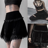 Punk Gothic Skirt 2000s Women Black Dark Academia Cross Print High Waist Pleated A-line Skirt y2k Vintage Lace Skirts voguable