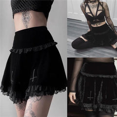 Punk Gothic Skirt 2000s Women Black Dark Academia Cross Print High Waist Pleated A-line Skirt y2k Vintage Lace Skirts voguable